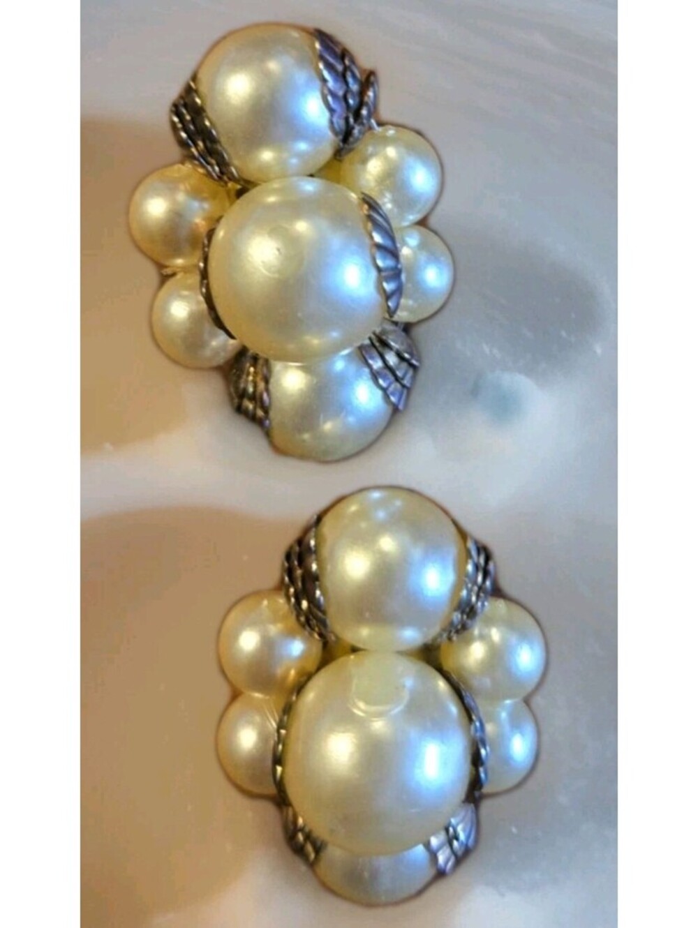 Vintage Faux Pearl Rose Cluster Clip On Earrings Silver, Varied Size Faux Pearls